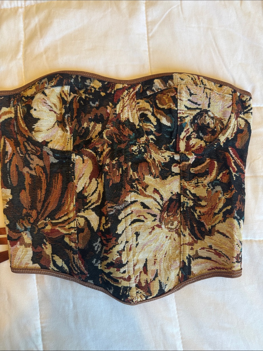 Floral Tapestry Corset Top in Brown and Cream - Unbranded